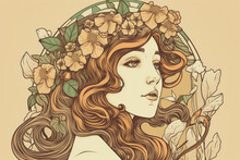 Radiant Woman With Flower Crown And Soft Lines In Art Nouveau Style, Generative Ai