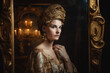 Renaissance Beauty Portrait of a woman in a Renaissance-style dress and headdress, standing in front of an ornate gold mirror, generative ai