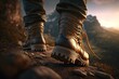 Man hiking up mountain trail close - up of leather hiking boot. Generative AI