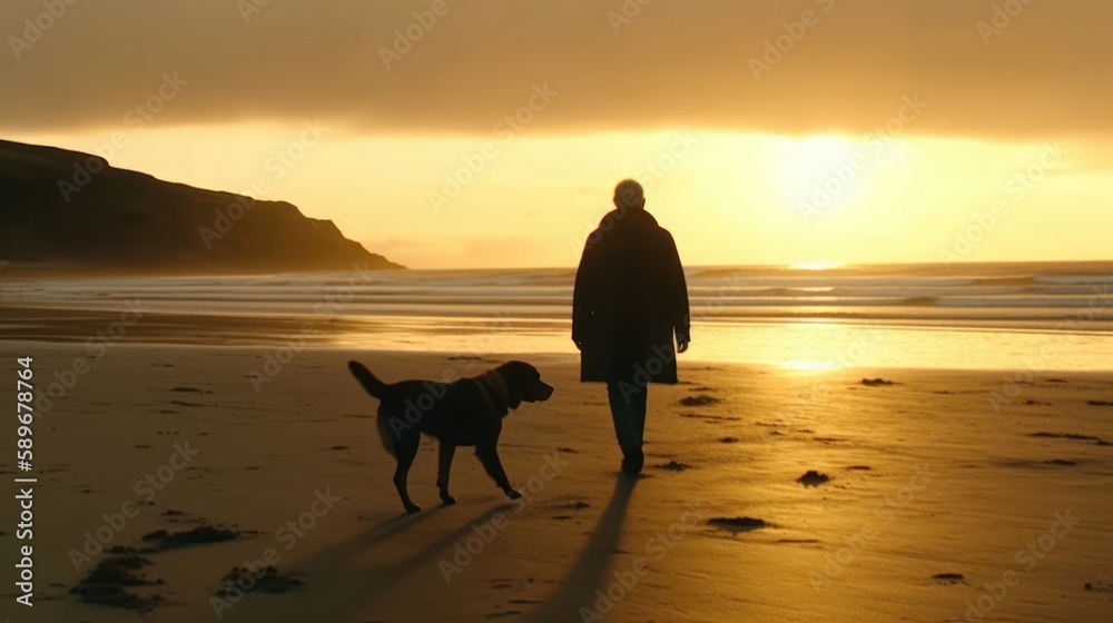 Happy man walking his dog on the beach during a beautiful sunset ...