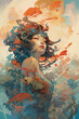 Pastel theme painting of beautiful girl surrounded by flowers created by generative technology