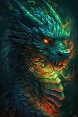  a chinese dragon that has bright green & blue skin & flaming eyes - generative ai