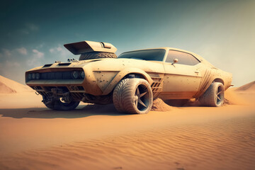 Wall Mural - a fast muscle car churns up sand in a desert created with generative ai technology.