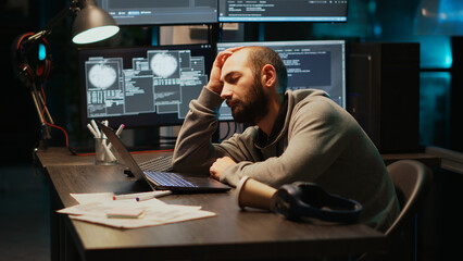 Poster - app it engineer sleeping on desk and being drained, trying to work with artificial intelligence at n