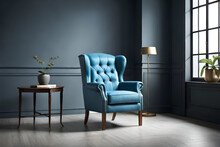  Living Room With A Beautiful And Stylish Blue Wingback Chair In Front Of A Dark Grey Wall | Interior Design Of A Modern And Luxurious Living Room | Generative Ai | Indoor Décor | Blue Armchair