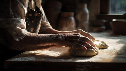 Old Italian woman making traditional homemade italian pasta, kneading dough, hands close-up shot