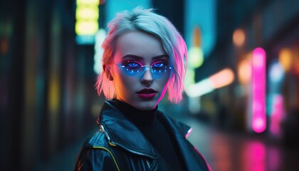 Wall Mural - Cyberpunk girl living in a neon city.