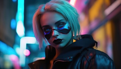 Wall Mural - Cyberpunk girl living in a neon city.