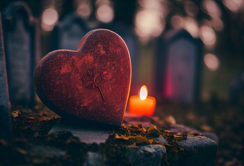 Wall Mural - A red heart - shaped candle (snitch) on a tombstone in a cemetery during the day. All Saints' Day, copy space. Generative AI