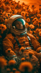 High texture quality photo of biomechanical astronaut lying in a meadow of dahlia flowers, golden hour. generative ai