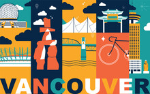 Typography Word Vancouver Branding Technology Concept. Collection Of Flat Vector Web Icons. Canadian Culture Travel Set, Architectures, Specialties Detailed Silhouette American Famous Landmark