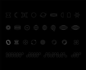 Retro futuristic elements for design. Collection of abstract graphic geometric symbols and objects in y2k style. Templates for notes, posters, banners, stickers, business cards, logo.