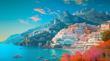 Morning View Of The Small Town Of Positano On The Mediterranean Coast, Italy