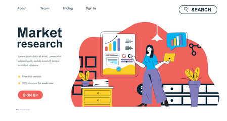 Poster - market research concept for landing page template. woman analyst analyzing data. business statistics