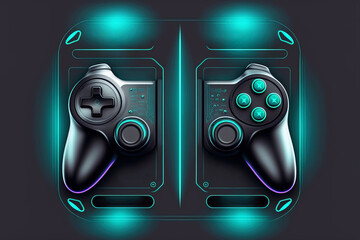 Wall Mural - Top view of neon-stylized gamepad device on gray background. Image for console gaming event, esports competition. Generative AI