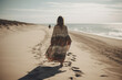 A boho girl walking at a sandy beach, surrounded by ocean and breathtaking cliffs views, rear view. Travel light with ease and let nature guide you concept. Generative AI
