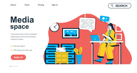 Poster - Media space concept for landing page template. Woman networking and chatting with friends at laptop. Online communication people scene. Vector illustration with flat character design for web banner