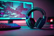 © Arsenii - Close up of professional gamer working place with gaming setup containing computer monitor, keyboard and headphones in neon lights. Generative AI