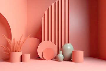 Poster - colorful ceramic vases arranged on a bright pink floor. generative ai