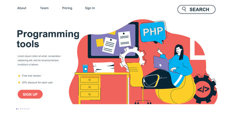Leinwandbilder - Programming tools concept for landing page template. Woman works at laptop, writes code and settings. Software development people scene. Vector illustration with flat character design for web banner