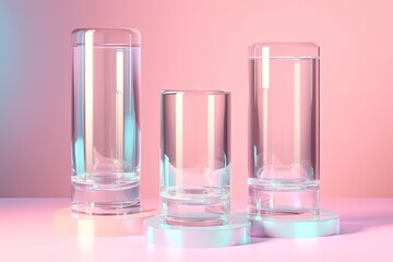 Canvas Print - three transparent glass vases displayed on a wooden table. Generative AI