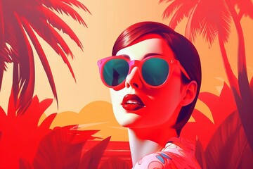 Wall Mural - vintage art woman in sunglasses in the palm island. Generative AI.