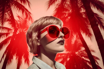 a woman in red sunglasses is posing in front of some palm trees. Generative AI.