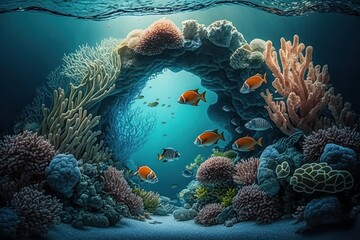 Wall Mural - Coral reef in the sea with fish. AI generated, human enhanced. Background with selective focus