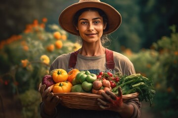 Harvesting, female farmer holds a basket against the background of a farm. AI generated, human enhanced.