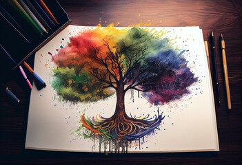 Wall Mural - rainbow tree color colorful watercolor painting illustration design. Generative AI