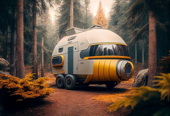 Wall Mural - Futuristic electric camper van parked in forest. Adventure concept. Generative AI