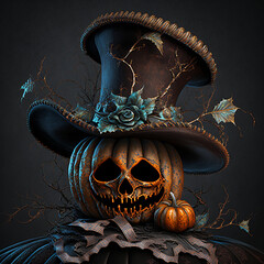 Halloween inspired hat wearing ghoul on dark background. Created using ai generative. 