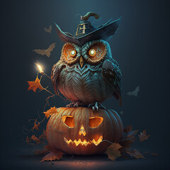 Wall Mural - Owl dressed as witch perched on top of a jack o lantern. Created using ai generative. 