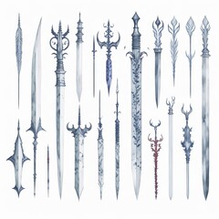 Titel: set of many swords and blades weapons in watercolor Artstyle. Generative AI