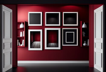 poster frame background room in flat dark red, maroon color with 6 frames on the wall, solid monochr