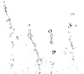 Shape form droplet of Water splashes into drop water line tube attack fluttering in air and stop motion freeze shot. Splash Water for texture graphic resource elements, White background isolated