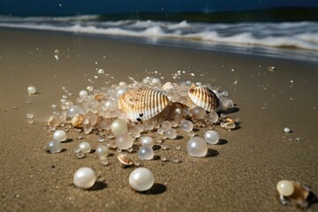 Wall Mural - The shimmering pearls were scattered like jewels on the sandy ocean floor. Generative AI