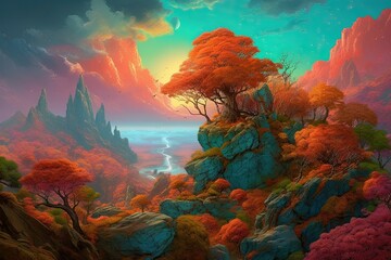 Canvas Print - The vibrant colors of the fantasy landscape were like a painting come to life. Generative AI