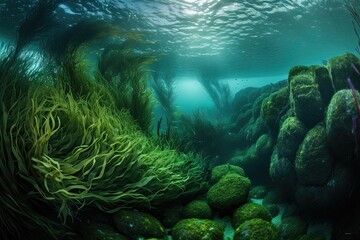 Wall Mural - The swirling sea plants created a mystical forest beneath the waves. Generative AI