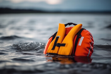 inflatable life jacket, safety in open water at sea ocean generative ai