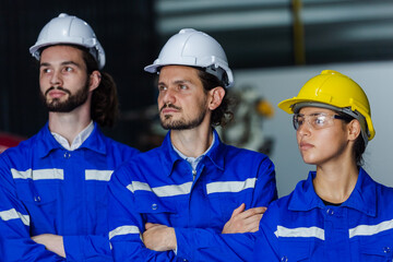 Close up men engineering wear uniform. Team engineering worker technician, workshop manufacturing, Teamwork in industry factory. group professional technician industrial.