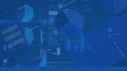 Poster - Animation of infographic interface over loading circles, graphs and data on abstract background