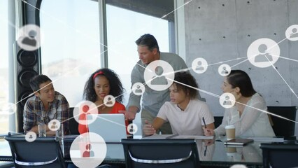 Poster - Animation of network fo connections over diverse business people in office