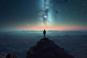 Ai generated image of a silhouette of a hiker looking at the milky way