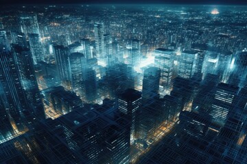  bustling metropolis with towering skyscrapers illuminated at night. Generative AI