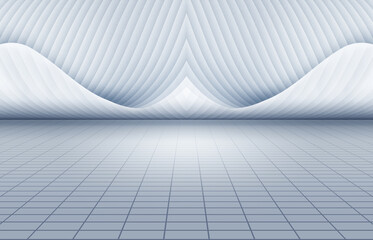 Poster - White curved structure wall facade and grid floor, artificial building space background.