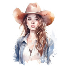 Watercolor Hand Painted Cowgirl In A Hat. AI Generative