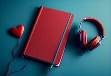 Flat Lay Of Red Notebook Covered With Headphones On Blue Background Decorated With Red Glitter Hearts , Copy Space. Audio Book, Podcast, .love Diary, Valentine's Day. Generative AI
