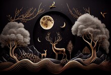 3d Modern Art Mural Wallpaper, Night Landscape With A Dark Black Background With Moon And Stars, Deers, Golden Trees And Gold Waves. Generative AI