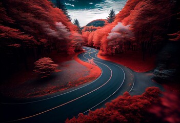 Wall Mural - a road winding through a forest with red leaves on the ground and trees on the sides of the road and a sky with clouds above.  generative ai